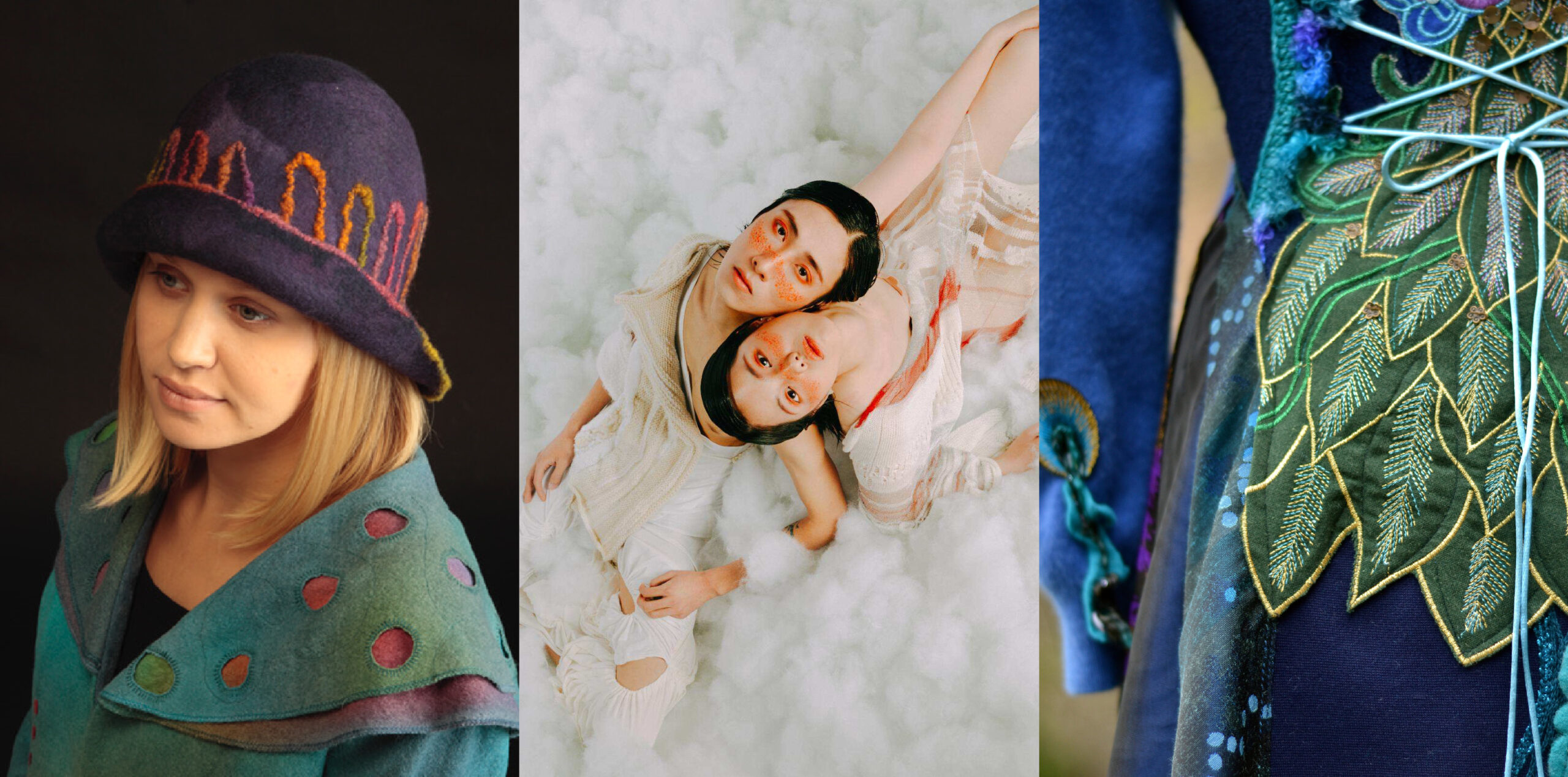 Collage of different garments made for the Artwear Fashion Show: A purple felt hat, white dress, and a blue coat with a bustle made of embroidered leaves.