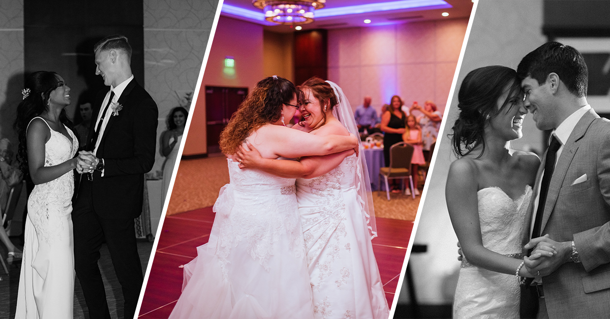 A collage of three different couples dancing that have been married at The Lincoln Center. Couples range in age, ethnicity, and gender.