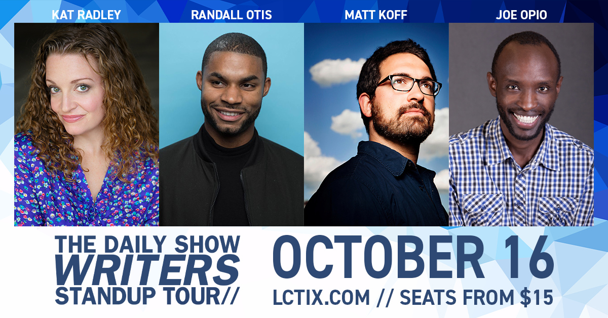 A collage of the four stand ups that will be performing with The Daily Show Writers Stand Up Tour: Kat Radley, Randall Otis, Matt Koff, and Joe Opio."