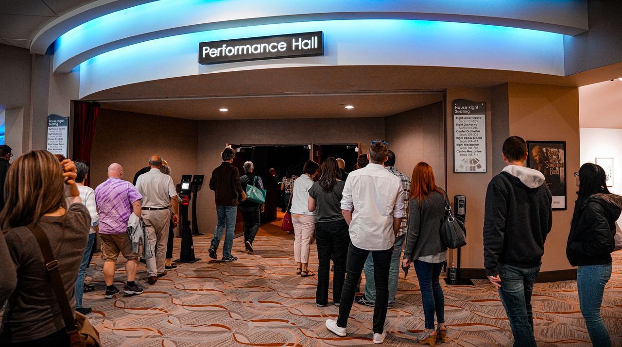 Guests lining up to go into the Performance hall.