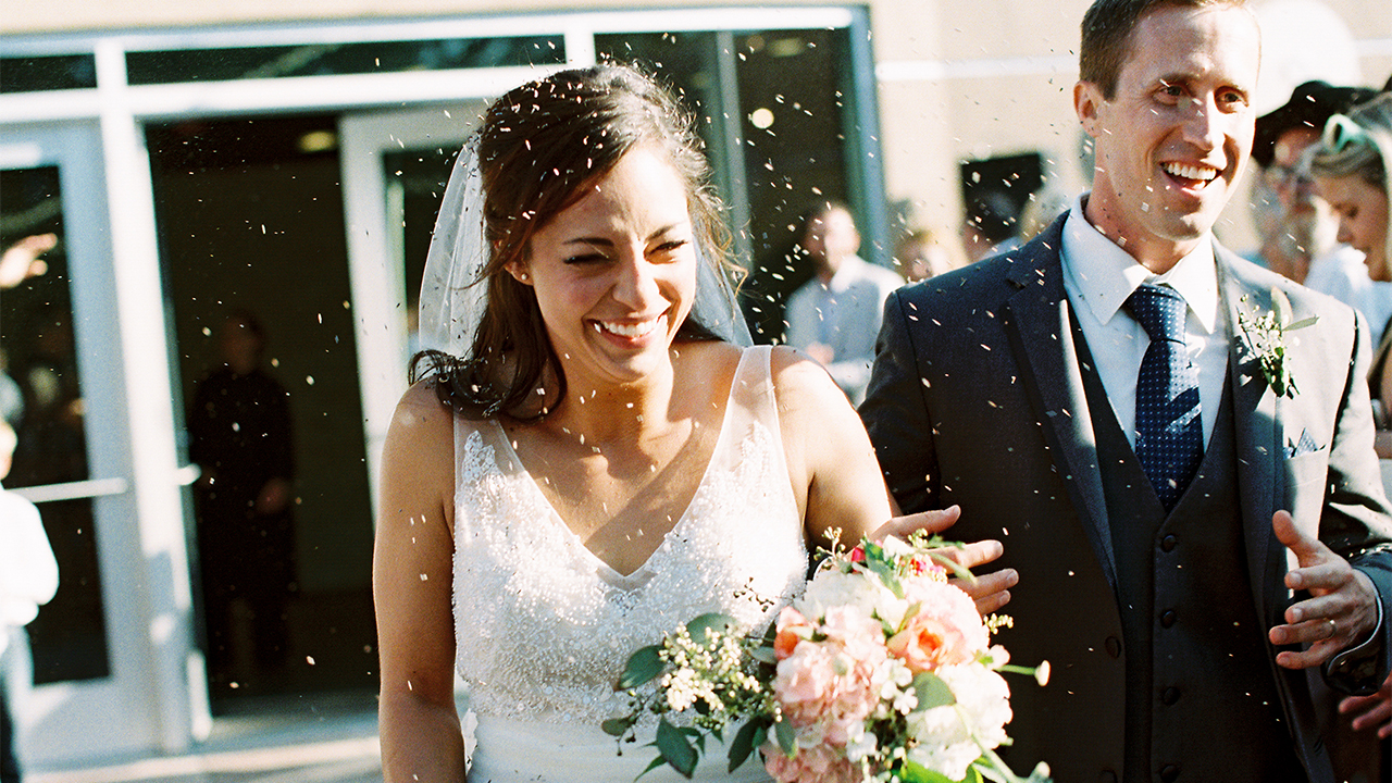 A joyous wedding couple.