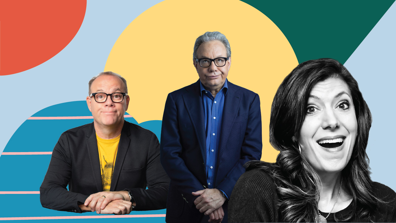 A colorful collage with Tom Papa, Lewis Black and Dena Blizzard.