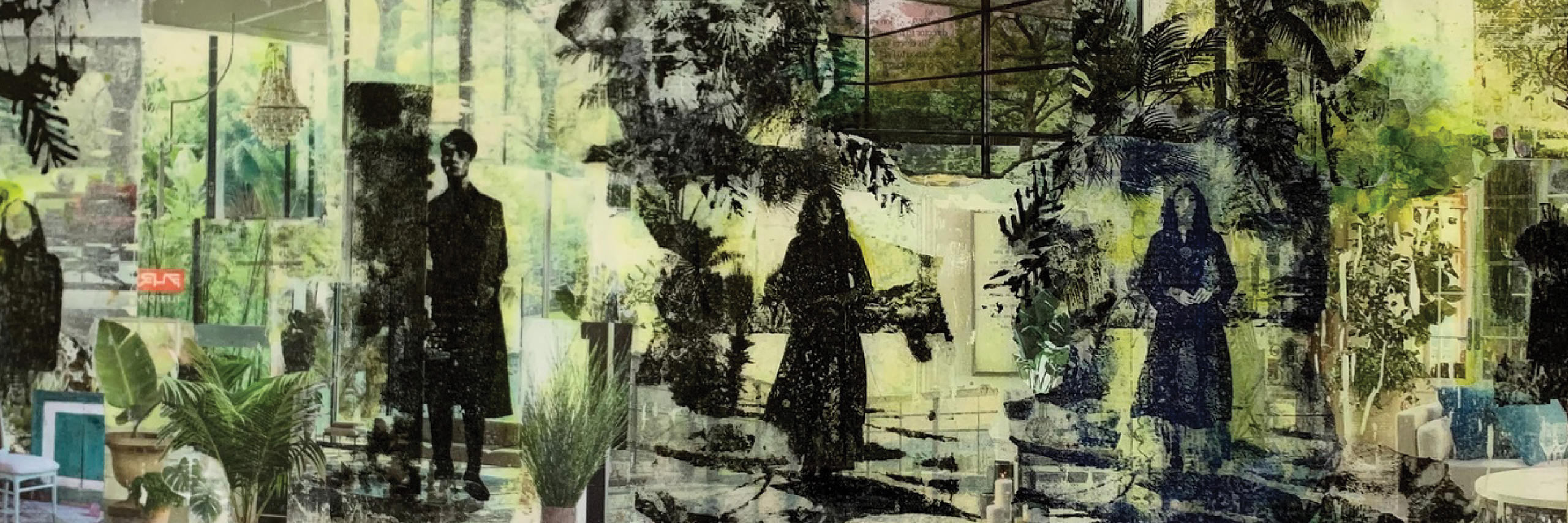 Green painting with dark figures.