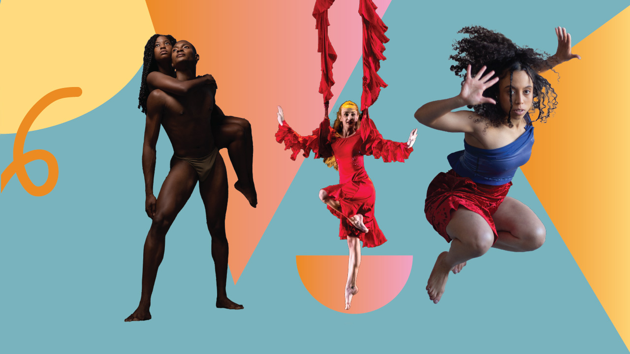 A collage of 2023/24 Dance Series Shows: Gaspard&Dancers, Momix: Alice, and Urban Bush Women.