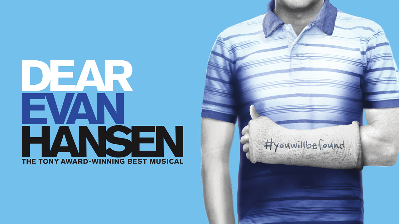 Dear Evan Hansen logo. Blue background with a man in a blue striped polo with a cast on his arm.