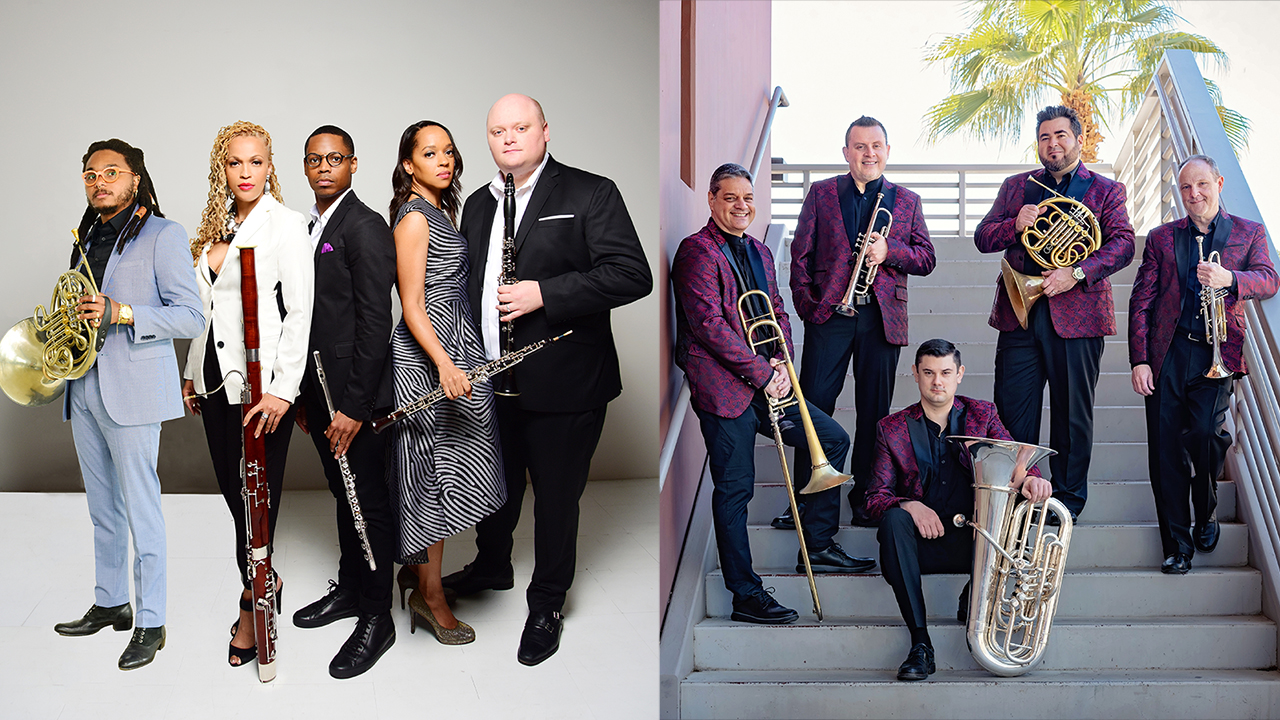 Members of Imani WInds and Boston Brass pose with their instruments