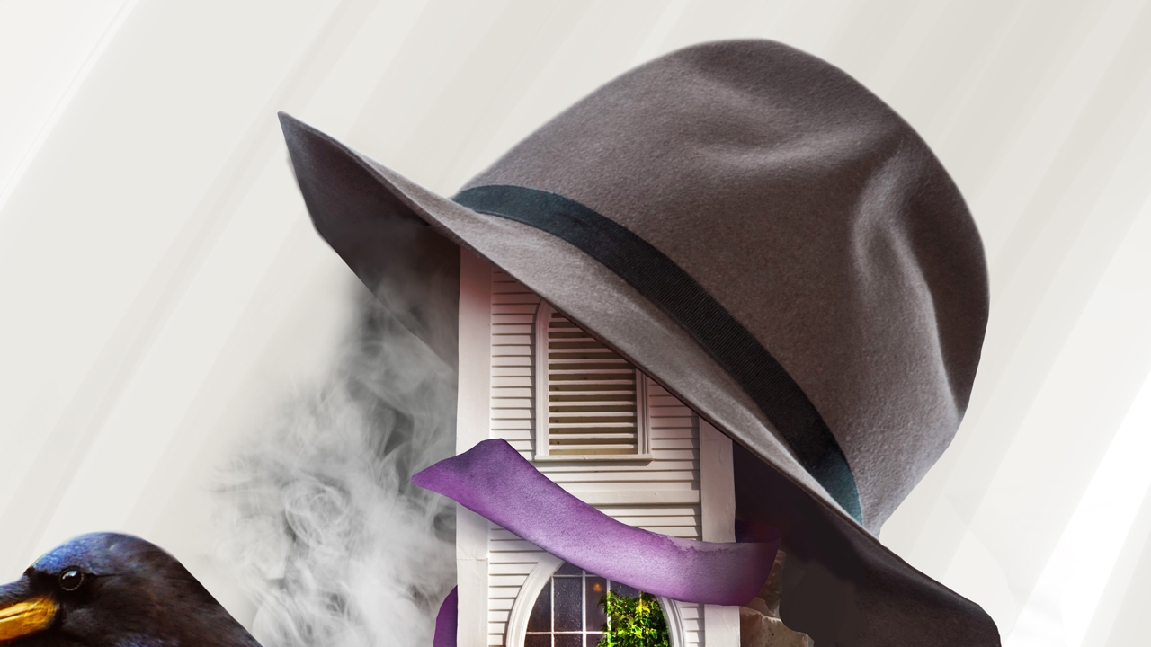 Compilation of a detective's hat crooked on the top of steeple, smoke in the background mirroring the shape of the roof.