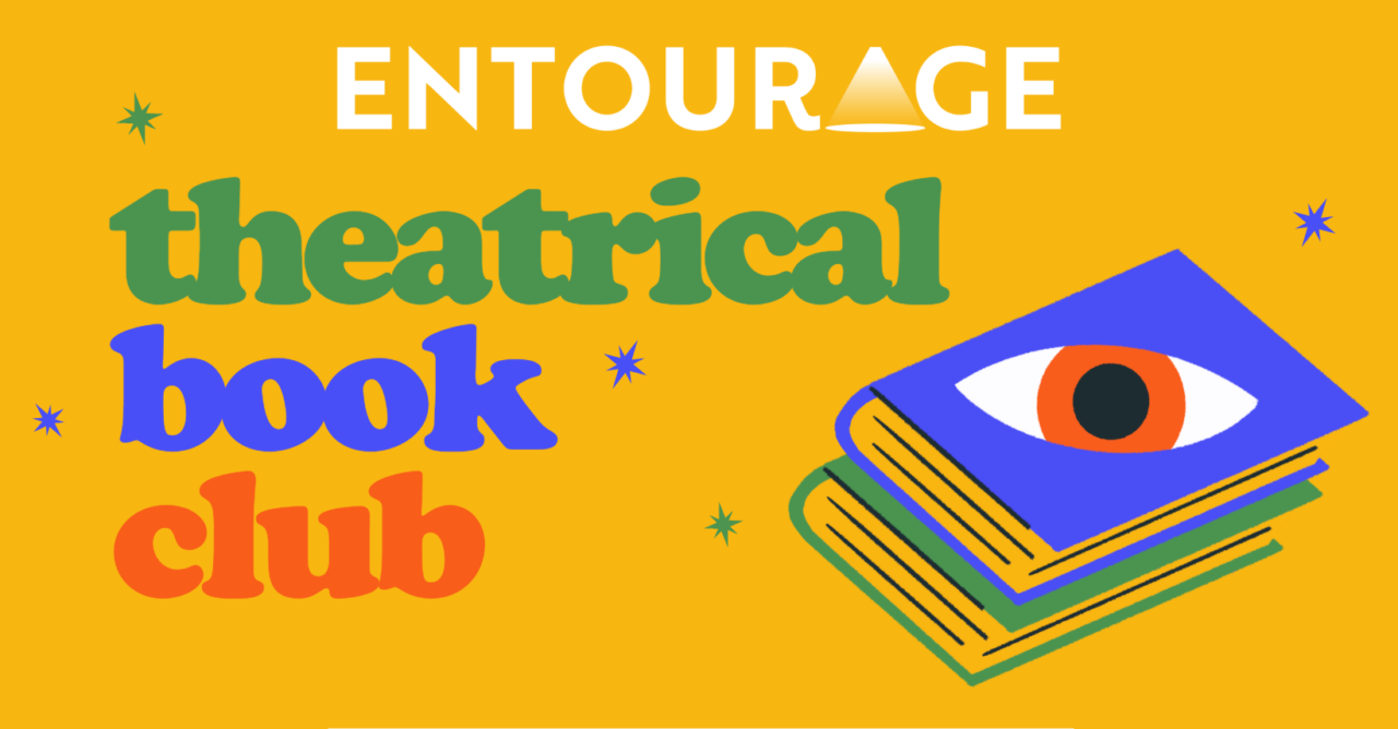 Theatrical Book Club graphic. Mustard yellow background with a stack of books with an eye ball.