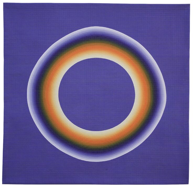 Quilt features 25 individually pieced rings that blur and vibrate together to create a bright inner and outer glow.