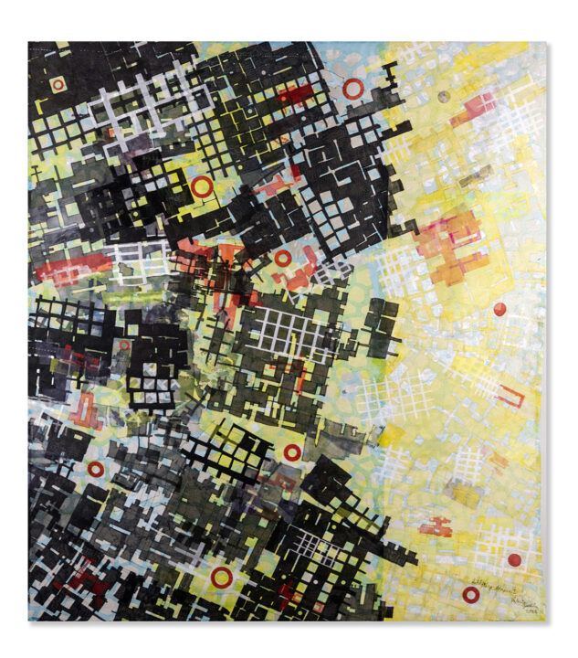 Quilt uses modules to create a map like composition that suggests that it is surrounded by water.