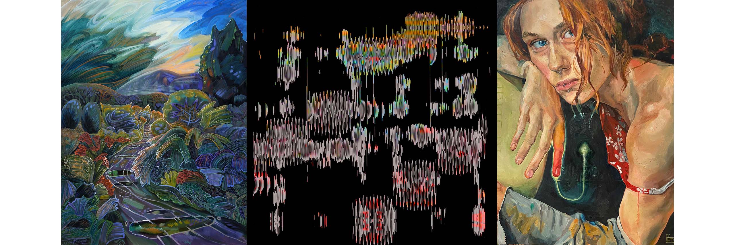 A sample of contemporary art on display in the gallery including a surreal landscape painting of forest path, an abstract piece resembling a soundwave, and a portrait of a red haired woman looking melancholy