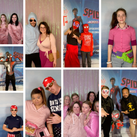 A collage of different costume contest contestants dressed as character from Napoleon Dynamite, Spider Man: Across the Spiderverse, and Mean Girls.