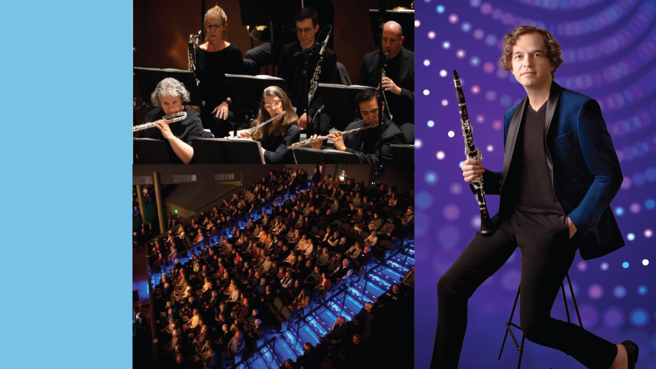 3 separate images. 1st image is an audience all sitting in a theatre watching a show. 2nd image is 6 musicians playing different instruments. 3rd image is musician Wesley Ferreira.