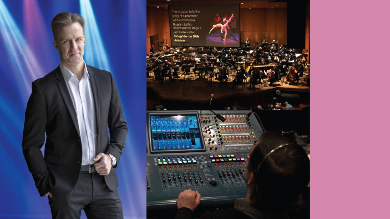 Photo collage of a man posing for the camera, the symphony conductor and members, and a sound board.