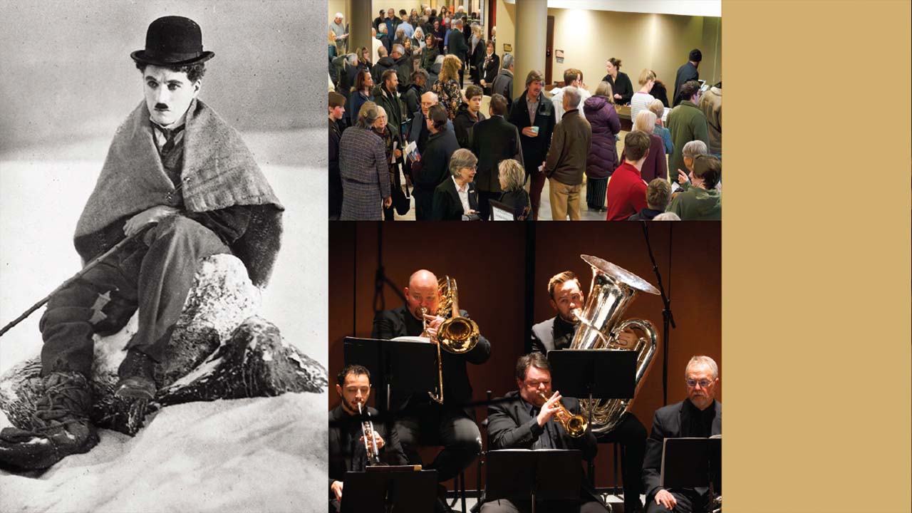 Three separate images. First picture is a Black and White picture of Charlie Chaplin sitting. 2nd image is a crowd of people in a lobby. 3rd image is 4 musicians playing different instruments.
