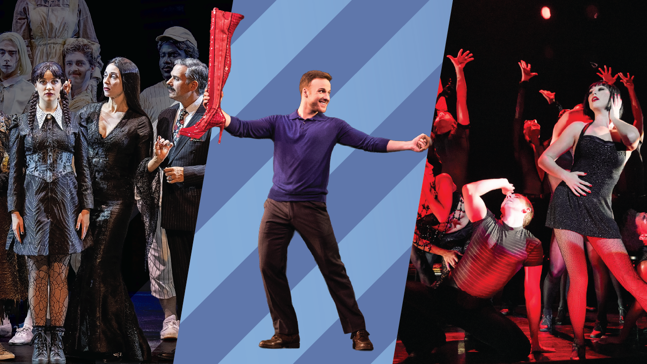 Collage of the 3 showstopper shows: The Addams Family, Kinky Boots, and Chicago