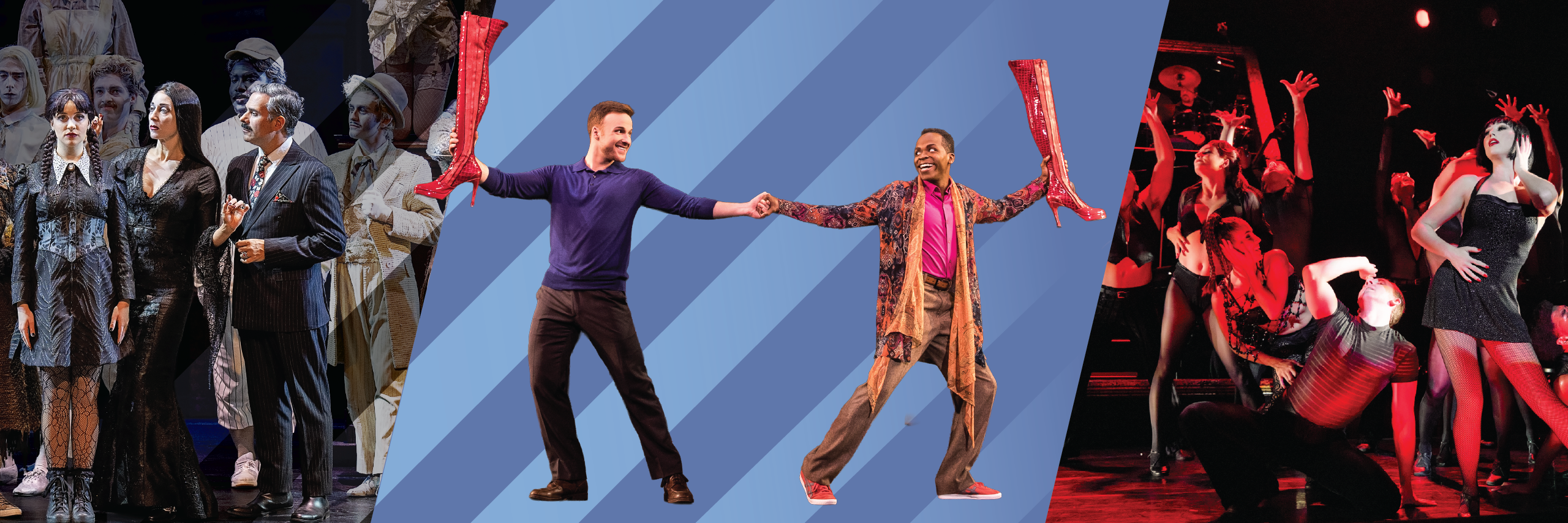 Collage of the 3 showstopper shows: The Addams Family, Kinky Boots, and Chicago