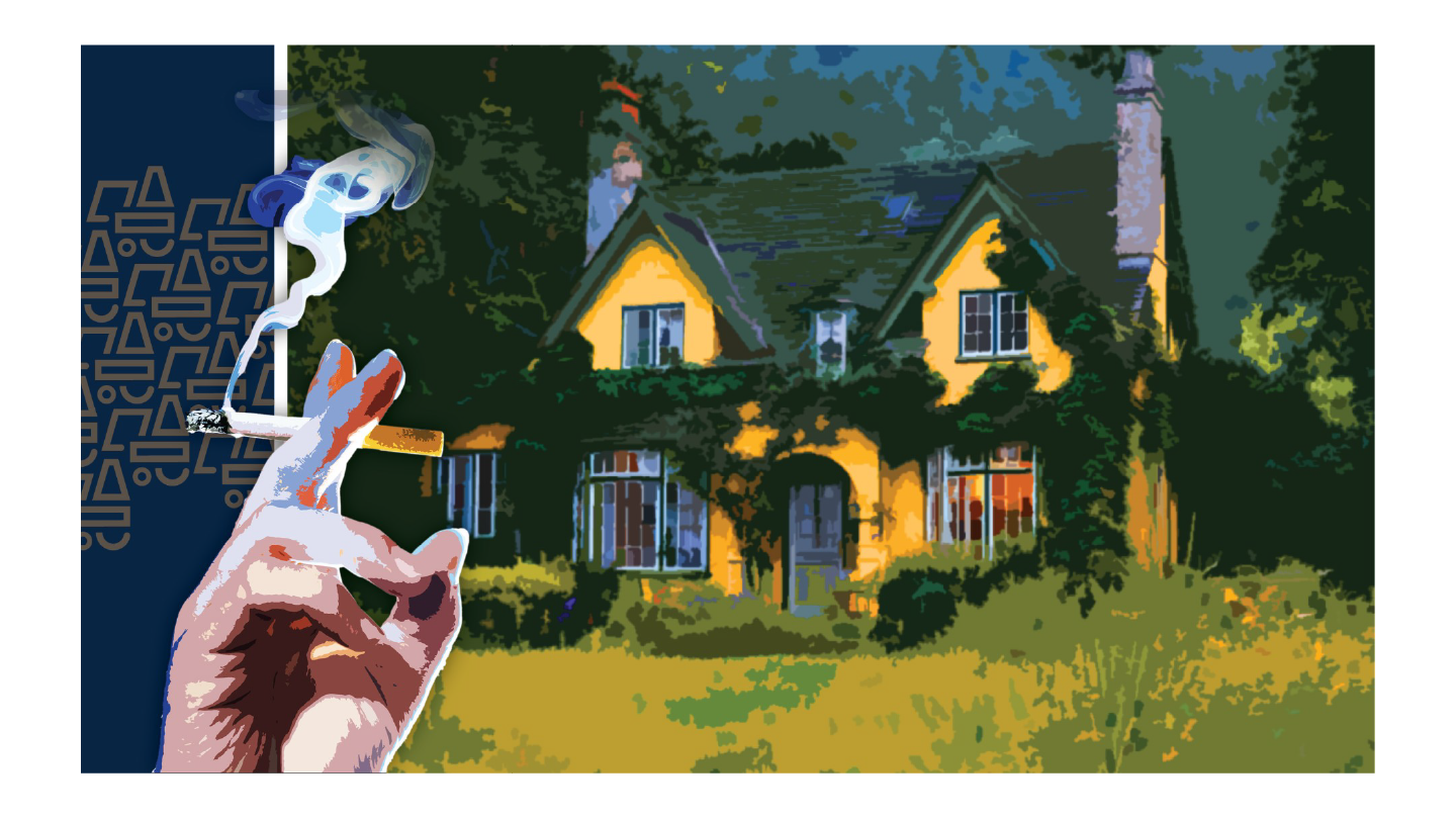 A hand holding a cigarette in front of a yellow house with ivy-covered walls.