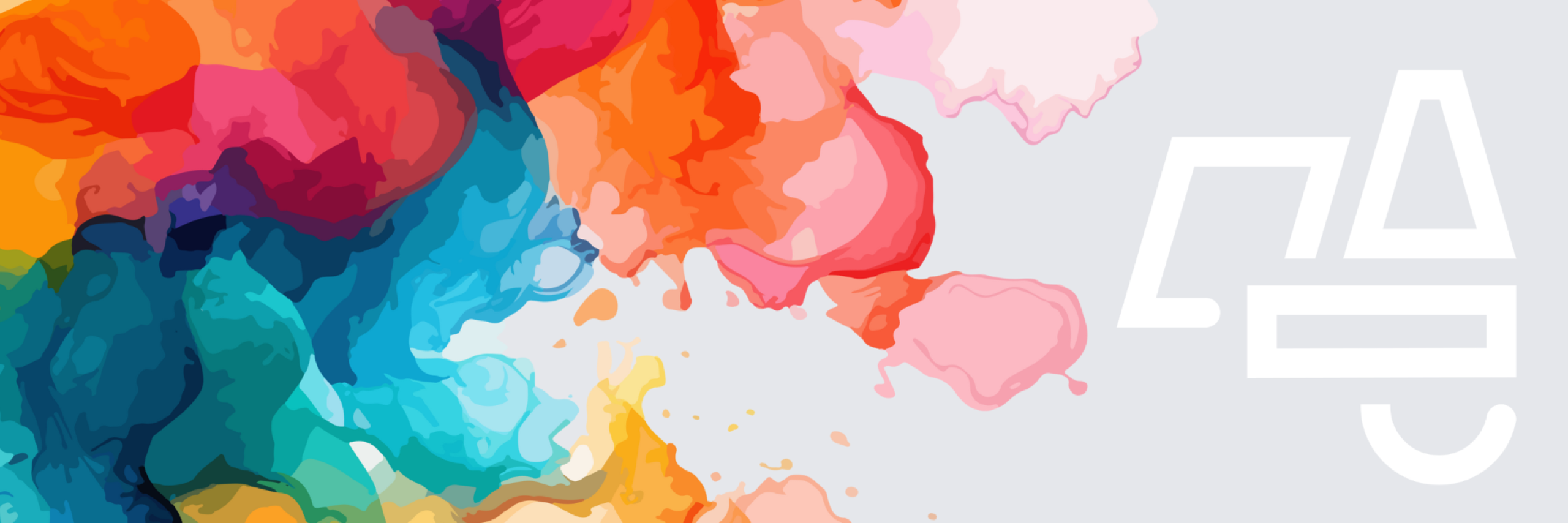 Colorful ink blots next to a white abstract logo