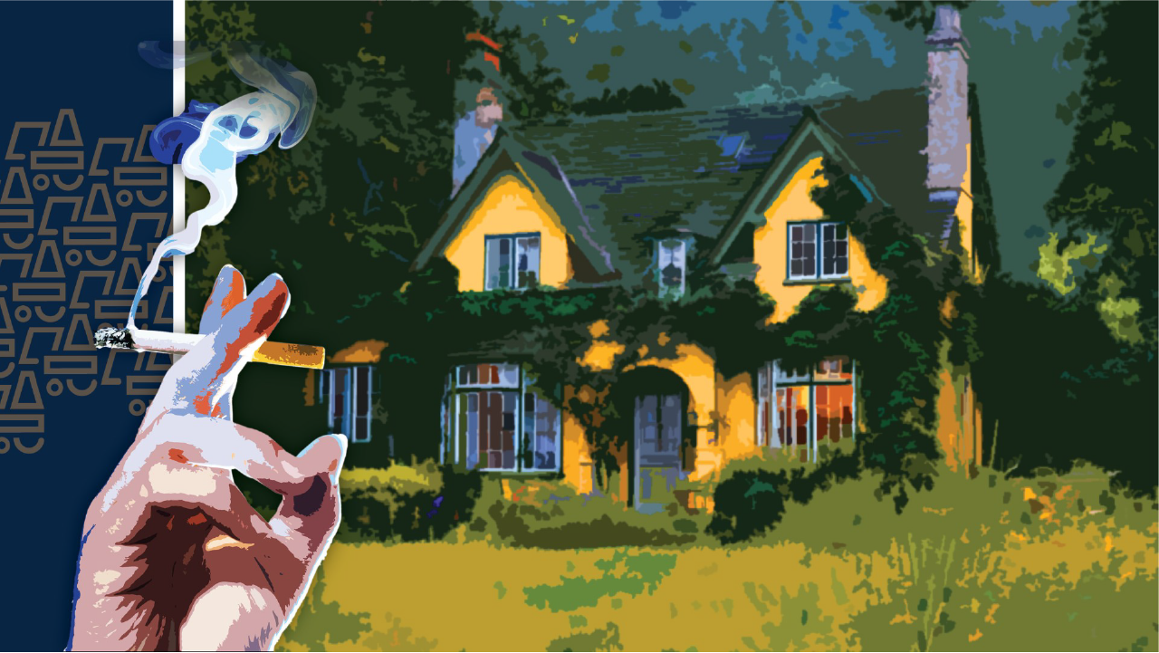 A hand holding a cigarette in front of a yellow house with ivy-covered walls.