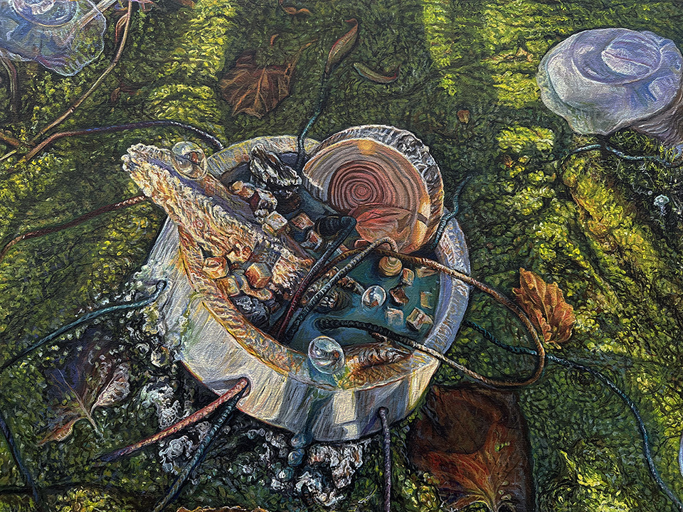 detail image of painting depicting a found object sculpture