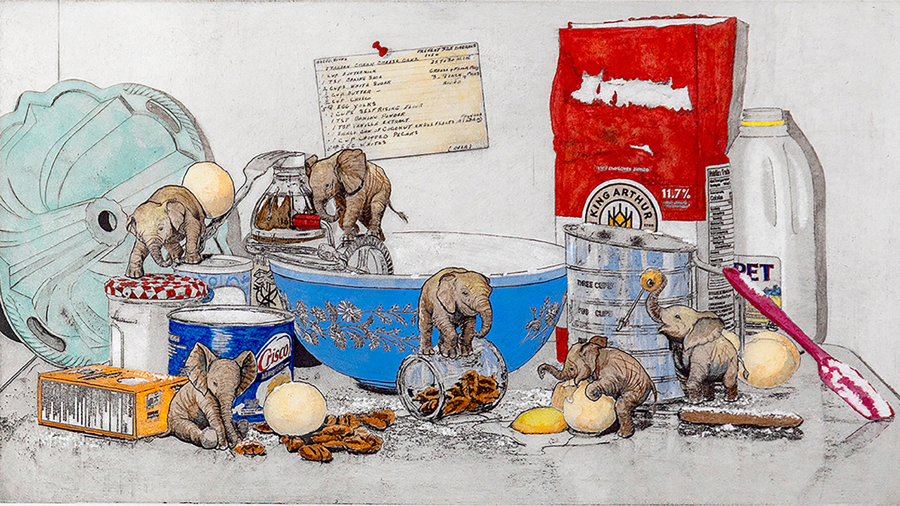 Print making art work depicting tiny elephants climbing on bowls and cook wear on a kitchen counter.
